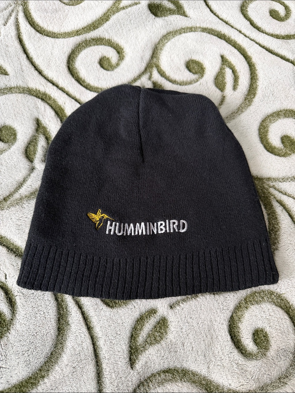 100% Cotton Black Knit Beanie with Hummingbird Embroidery
